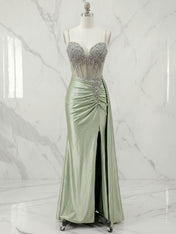 Sage Green Beaded Corset Satin Long Prom Dress with Slit
