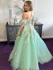 Sage Green Floral Glitter Tulle Prom Dress with Puff Sleeves