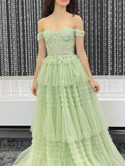 Sage Green Off-the-Shoulder Tiered Tulle Long Prom Dress
