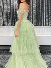 Sage Green Off-the-Shoulder Tiered Tulle Long Prom Dress