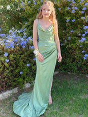 Sage Green Ruched Waist Satin Cowl Neck Prom Dress with High Slit
