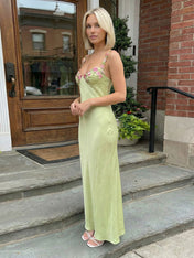Sage Green Satin Slip Prom Dress with Floral Embroidery