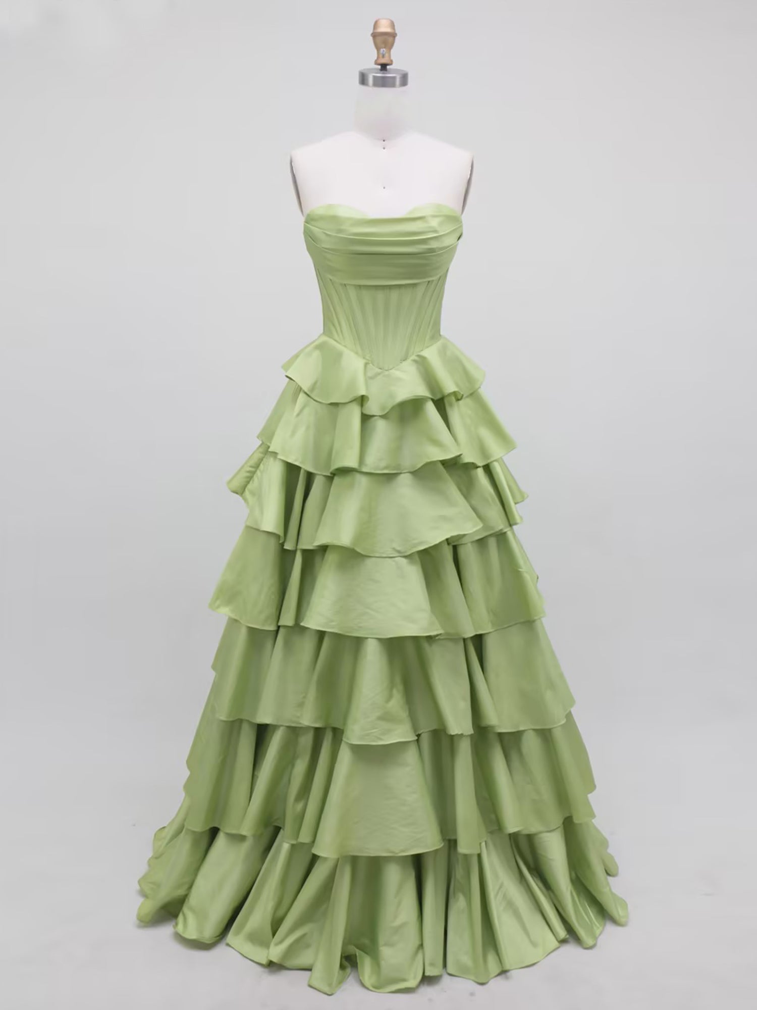 Sage Green Strapless Corset Tiered Ruffle Long Prom Dress