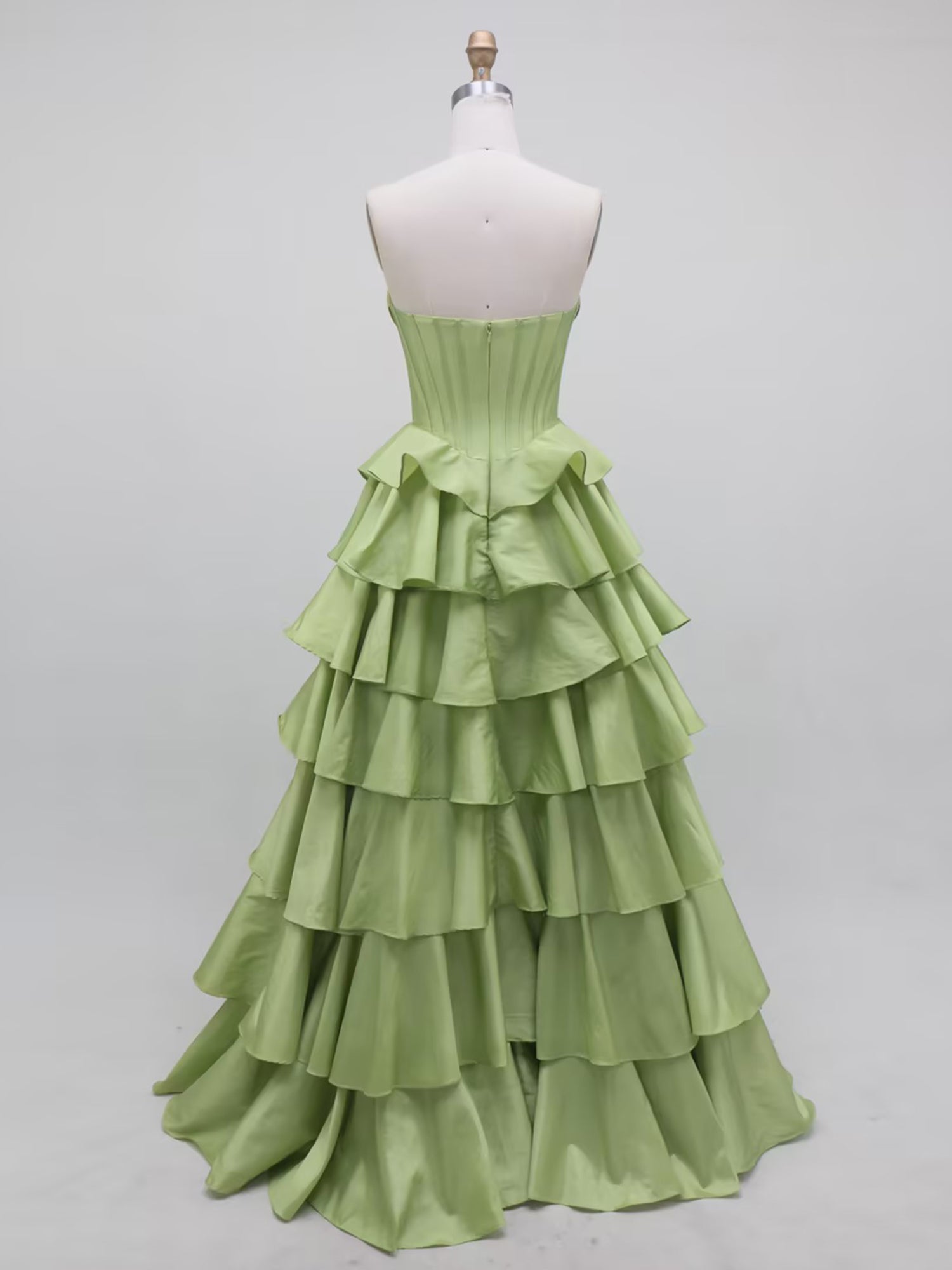 Sage Green Strapless Corset Tiered Ruffle Long Prom Dress