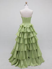 Sage Green Strapless Corset Tiered Ruffle Long Prom Dress