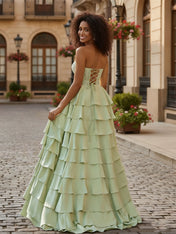 Sage Green Strapless Tiered Ruffle Prom Dress with Floral Lace Bodice