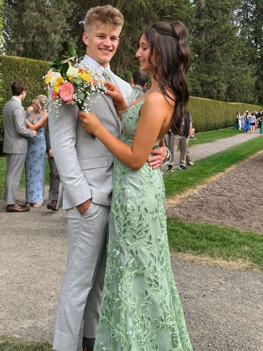 Sage Green V Neck Fitted Long Porm Dress with Slit