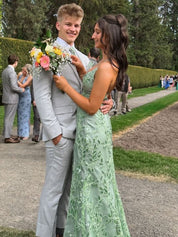 Sage Green V Neck Fitted Long Porm Dress with Slit