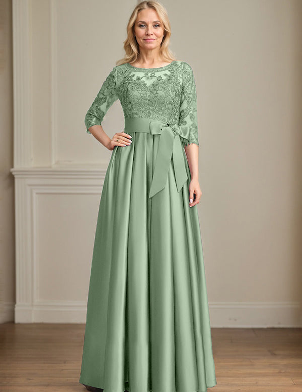 A-line Scoop Illusion Floor-Length Satin Lace Mother of the Bride Dress With Sequins Bow