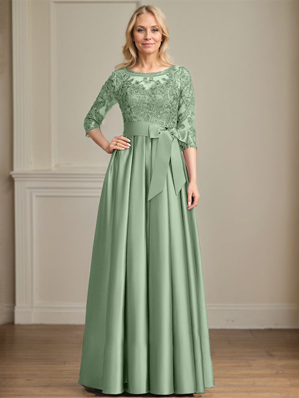 A-line Scoop Illusion Floor-Length Satin Lace Mother of the Bride Dress With Sequins Bow