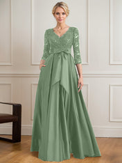 A-line V-Neck Floor-Length Satin Lace Mother of the Bride Dress With Sequins Bow