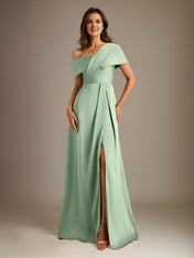 A-Line Asymmetrical Neckline Floor-Length Satin Mother of the Bride Dress With Pleated