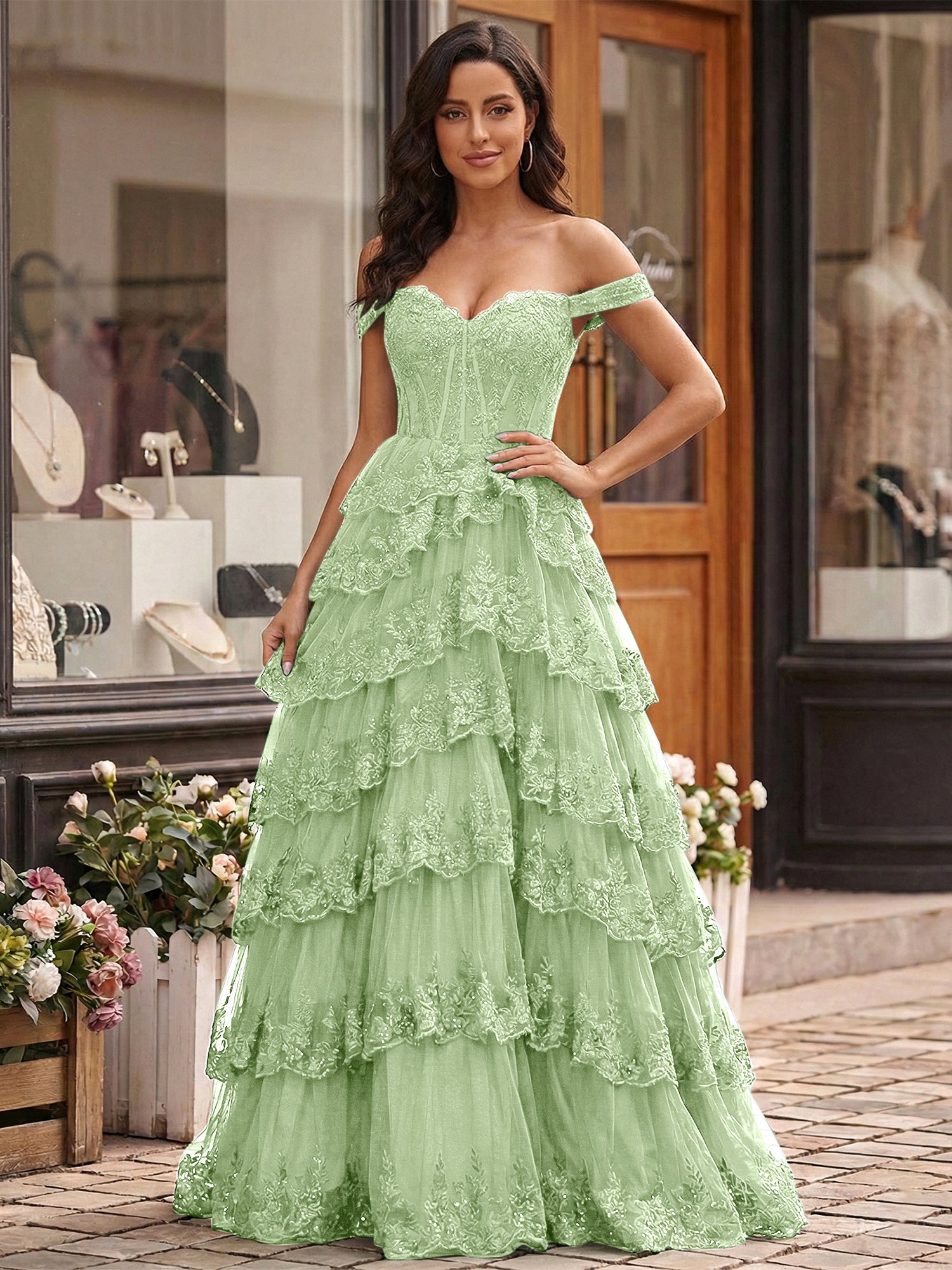 Emerald Green Lace Corset Tiered Ruffle Long Prom Dress with Slit