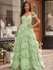 Emerald Green Lace Corset Tiered Ruffle Long Prom Dress with Slit