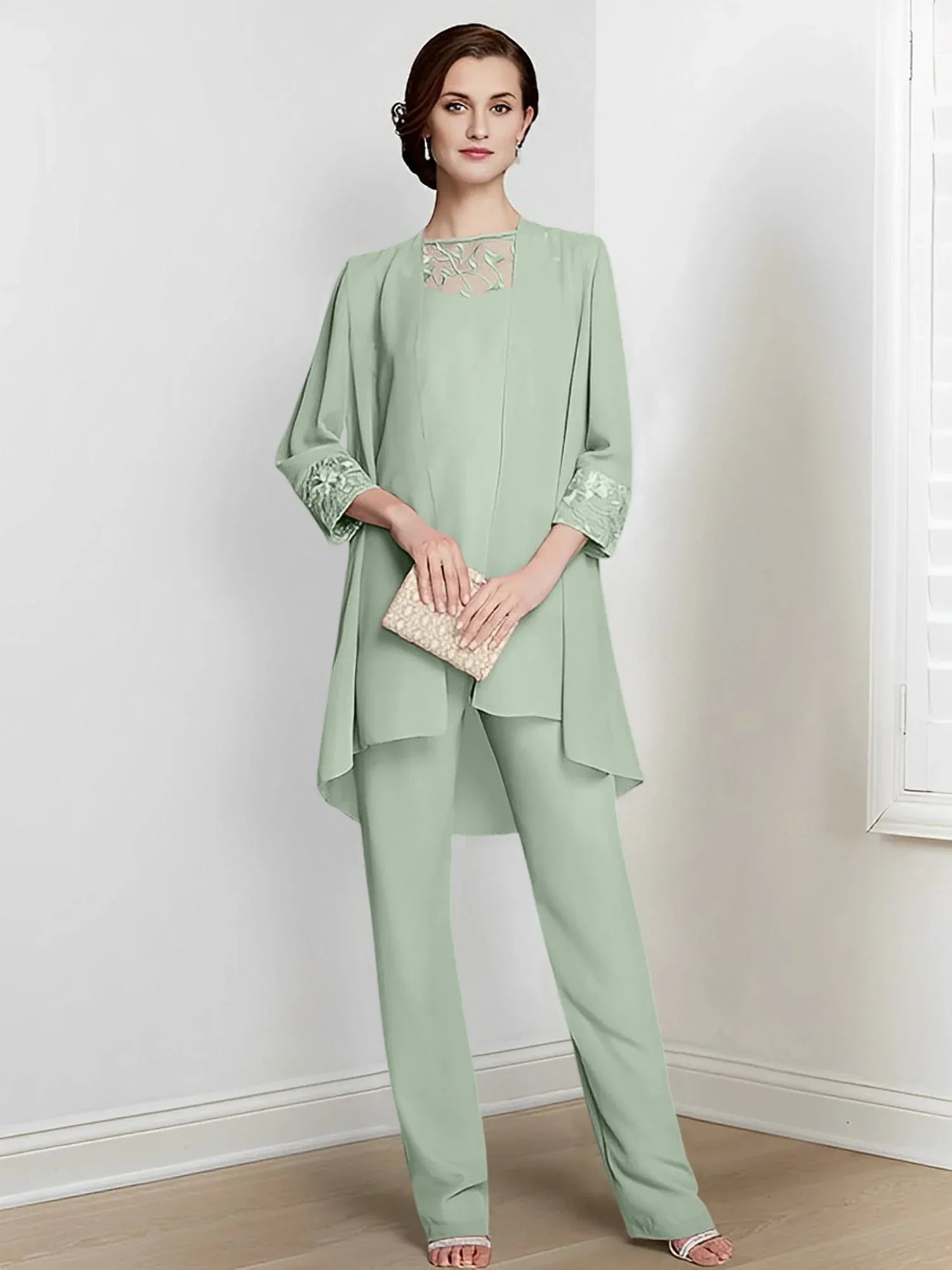 Tailleur-pantalon en mousseline à manches longues pour mère de la mariée avec veste 