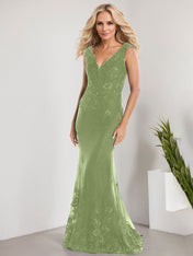 A-line V-Neck Floor-Length Lace Chiffon Mother of the Bride Dress With Applique Sequins Mermaid Dresses