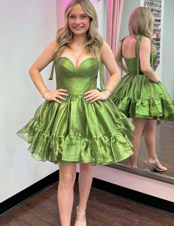 Sage A-line Straps Sweetheart Short Homecoming Dress with Bow