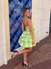 Sage A Line Halter Tiered Ruffle Homecoming Dress with Bow