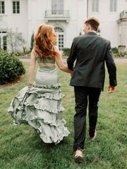 Sage A Line Keyhole Ruffle Long Prom Party Dress with Slit
