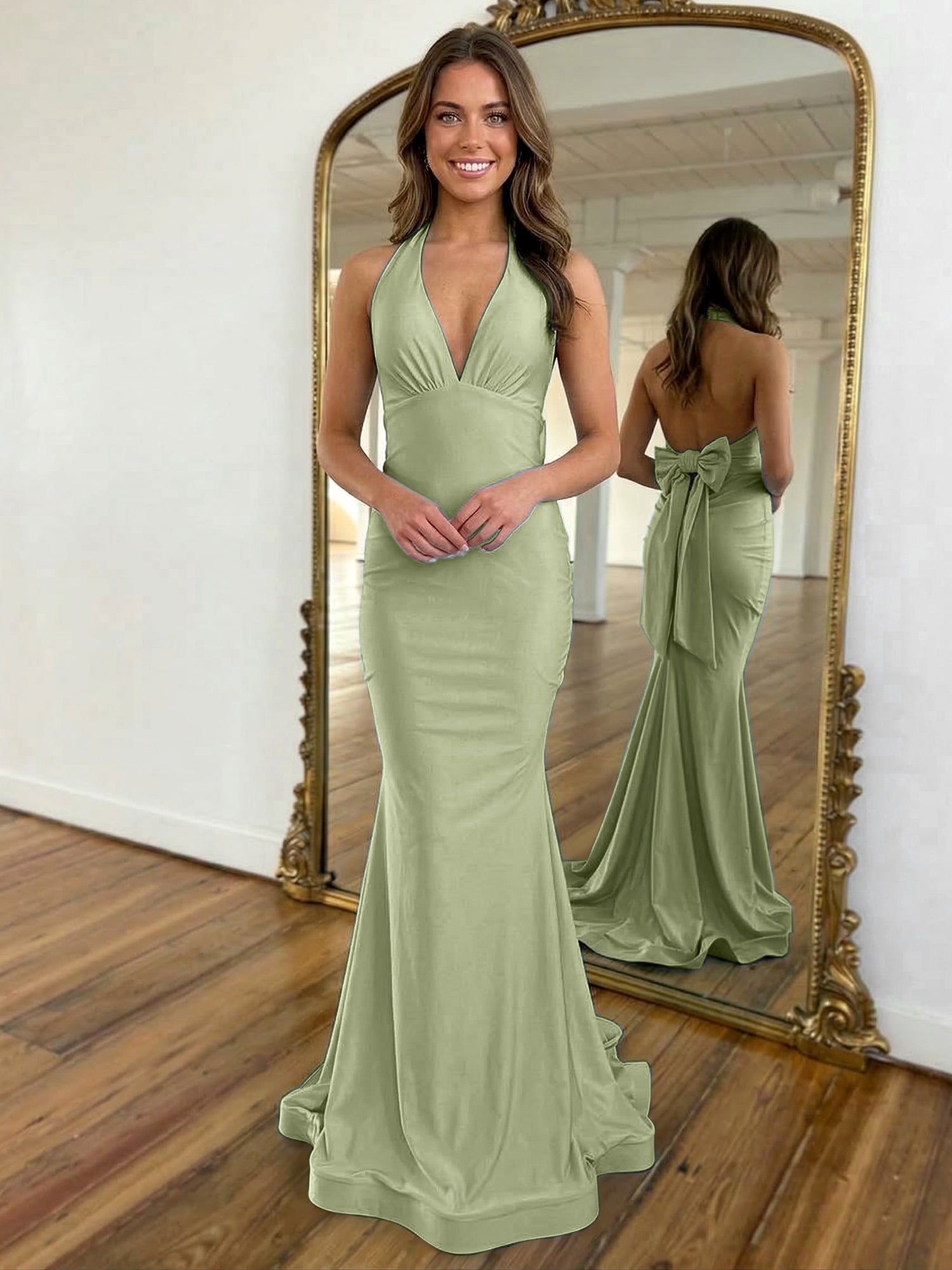 Light Blue Mermaid Halter Backless Long Prom Dress