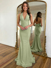 Light Blue Mermaid Halter Backless Long Prom Dress