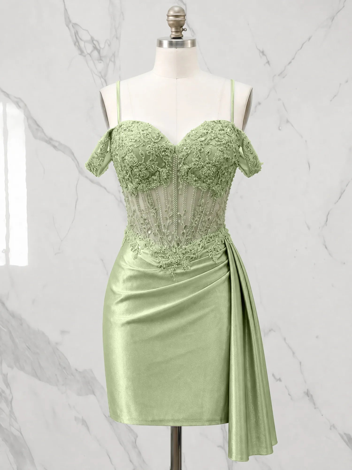 Sweetheart Sheer Corset Mini Dress with Cascading Side Drape Homecoming Dresses