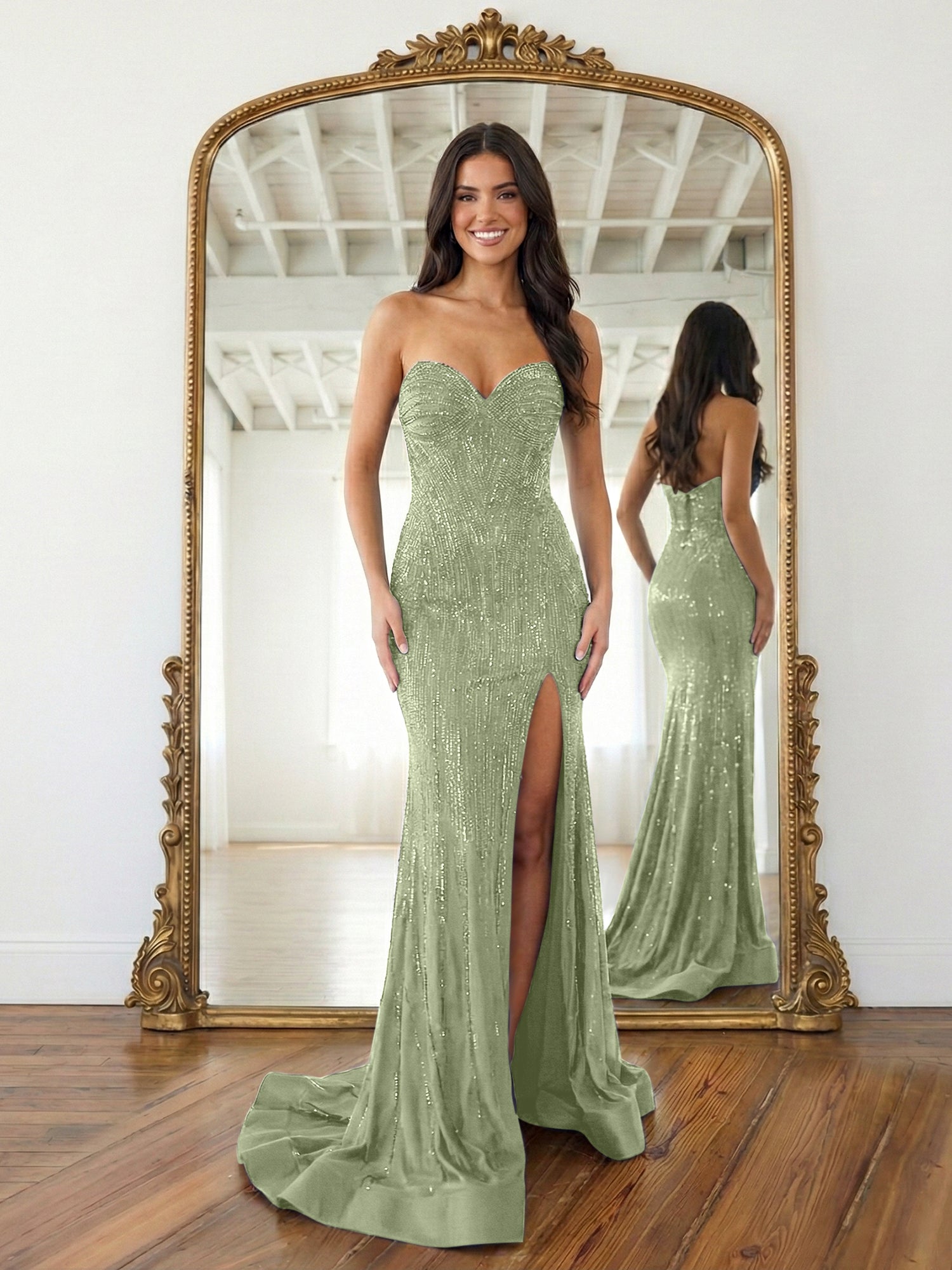 Navy Blue Strapless Sequin Prom Dress with Linear Beading