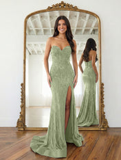 Navy Blue Strapless Sequin Prom Dress with Linear Beading