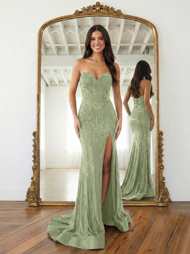 Navy Blue Strapless Sequin Prom Dress with Linear Beading
