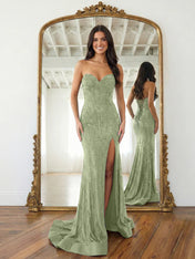 Navy Blue Strapless Sequin Prom Dress with Linear Beading