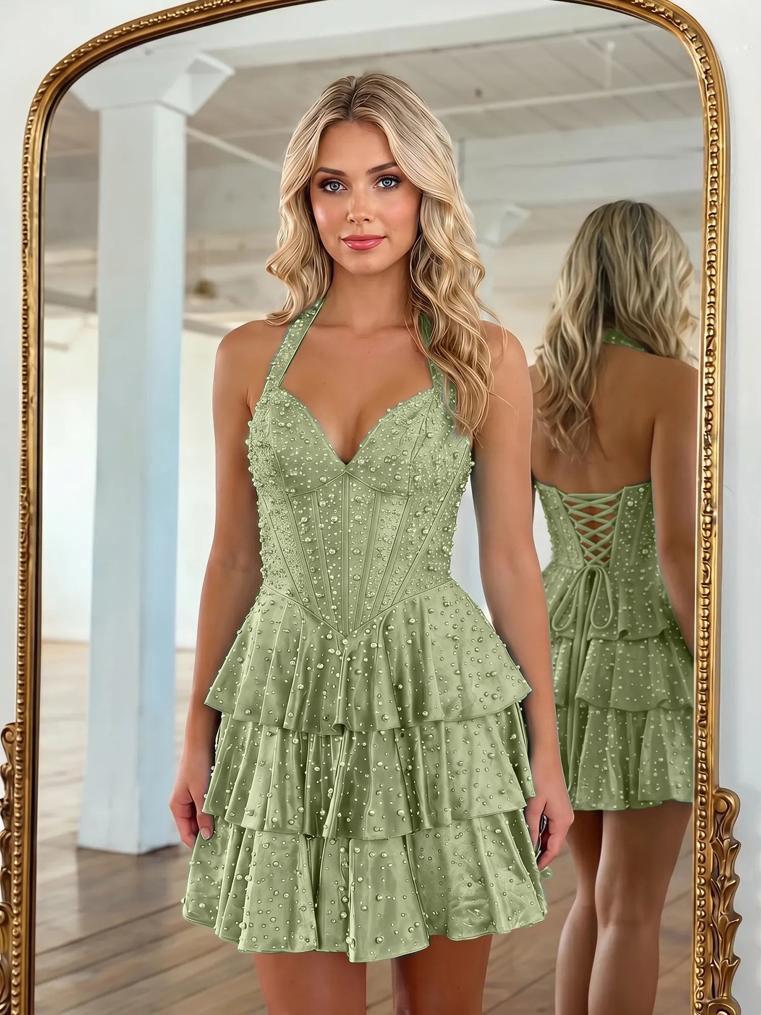 Halter Neck Pearl Beaded Tiered Short Homecoming Dresses