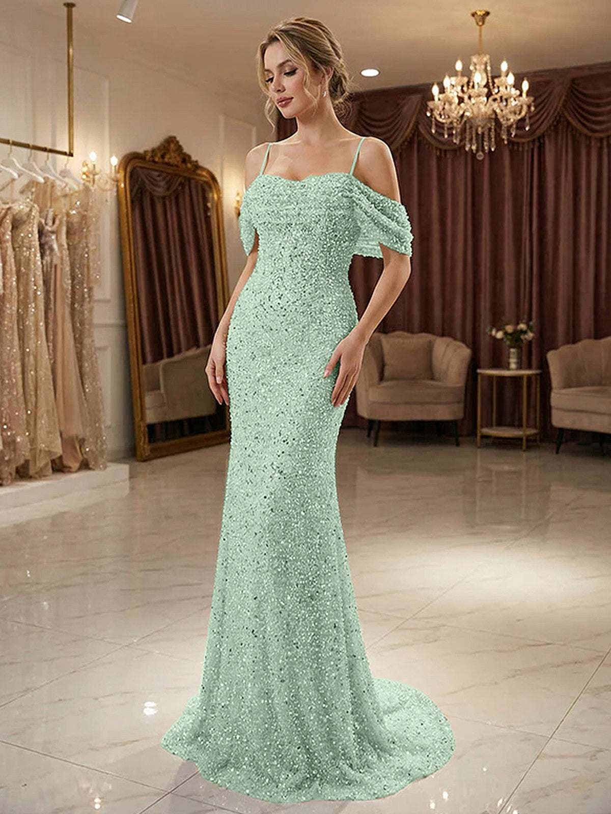 Sparkly Champagne Beaded Off-the-Shoulder Mermaid Long Prom Dress