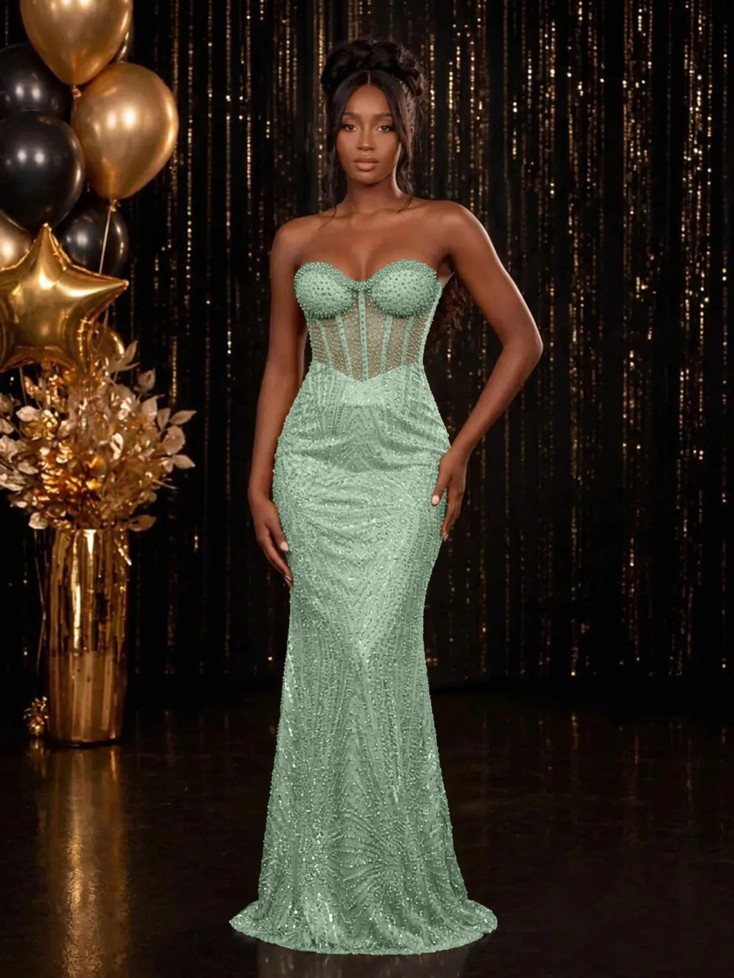 Strapless Sequin-Accented Mermaid Prom Dress with High Slit