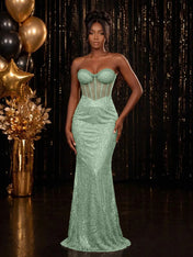 Strapless Sequin-Accented Mermaid Prom Dress with High Slit