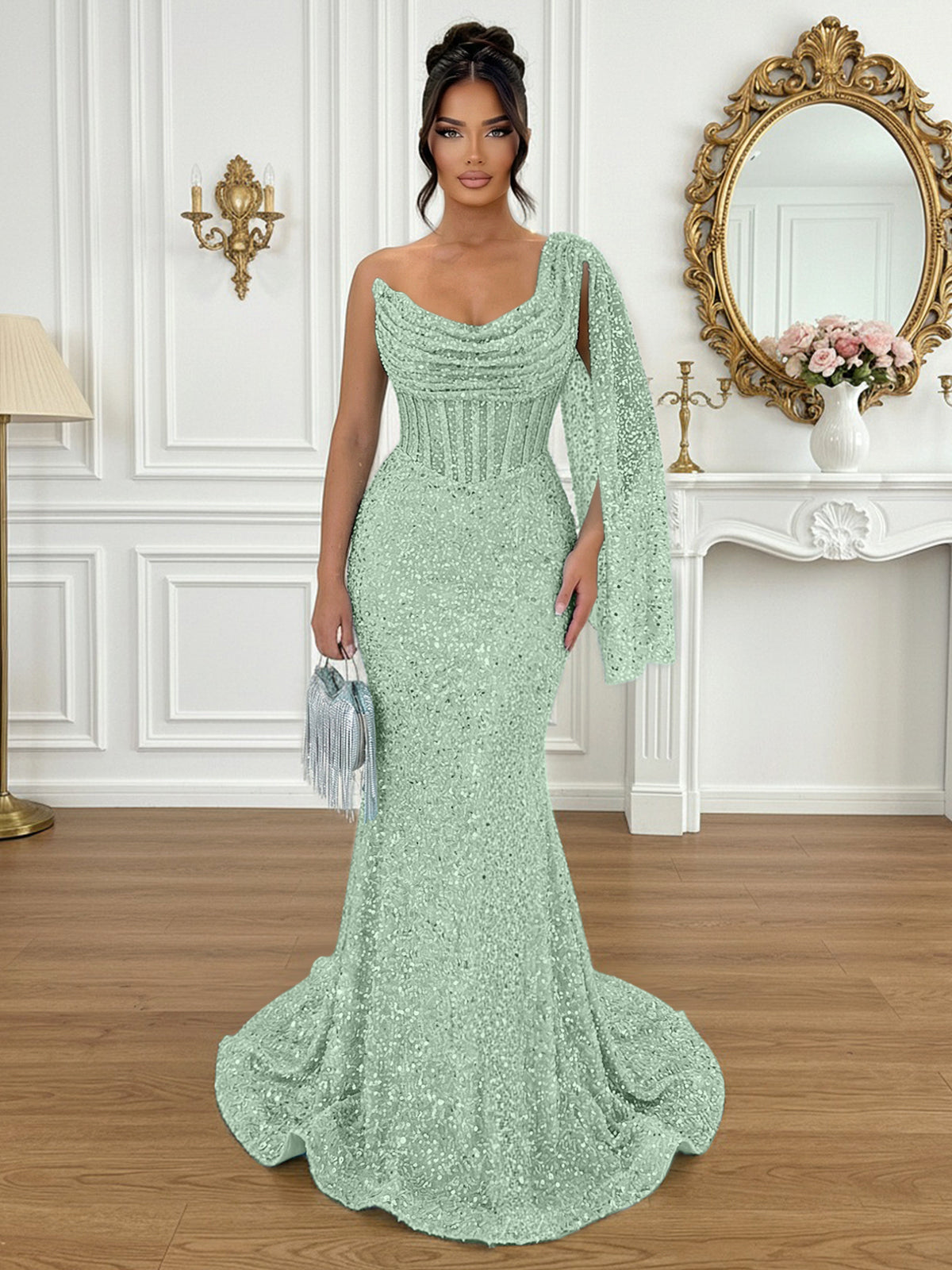 Glamorous Ice Blue One-Shoulder Sequin Corset Mermaid Prom Dresses