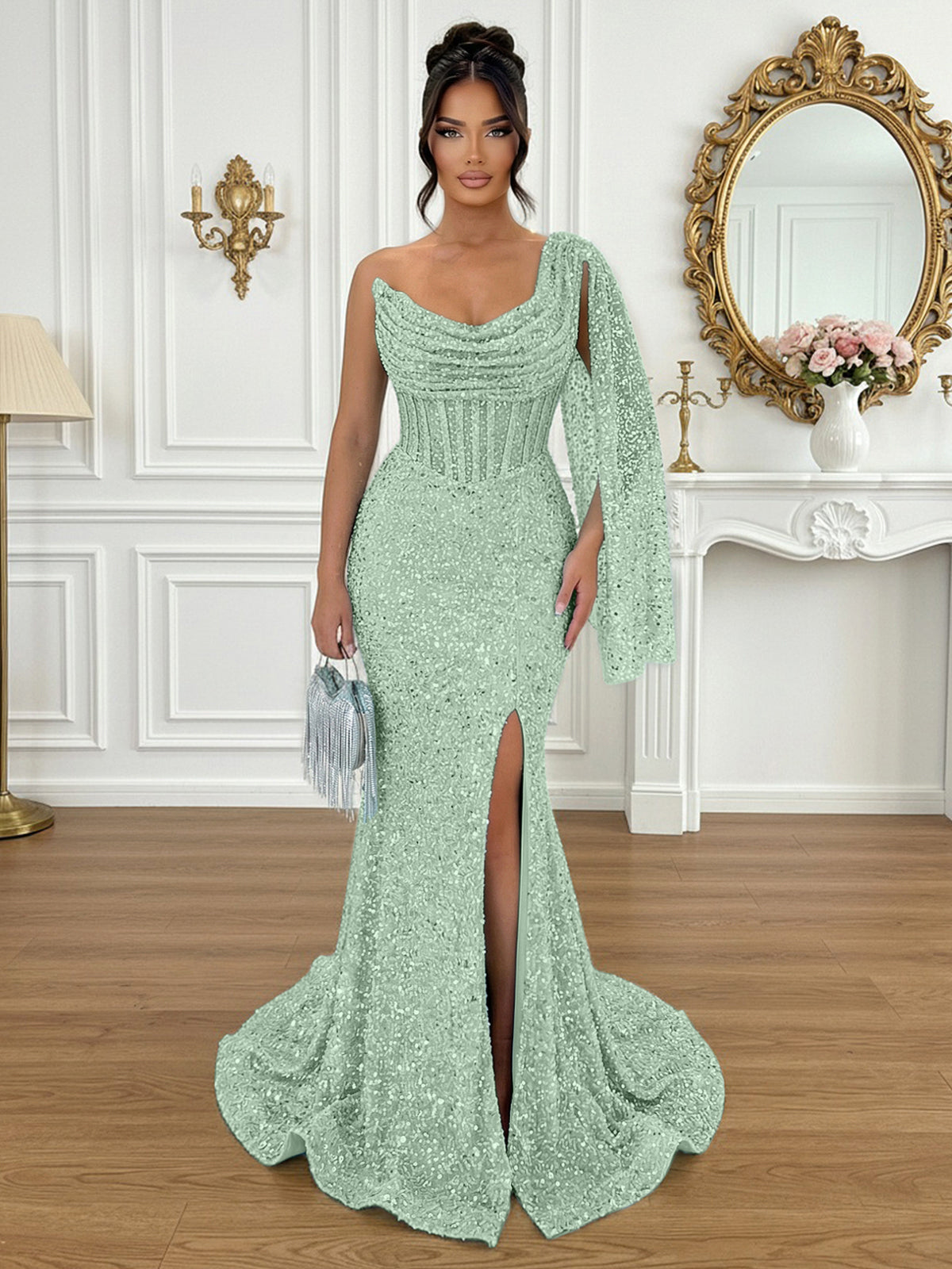 Glamorous Ice Blue One-Shoulder Sequin Corset Mermaid Prom Dresses with Slit