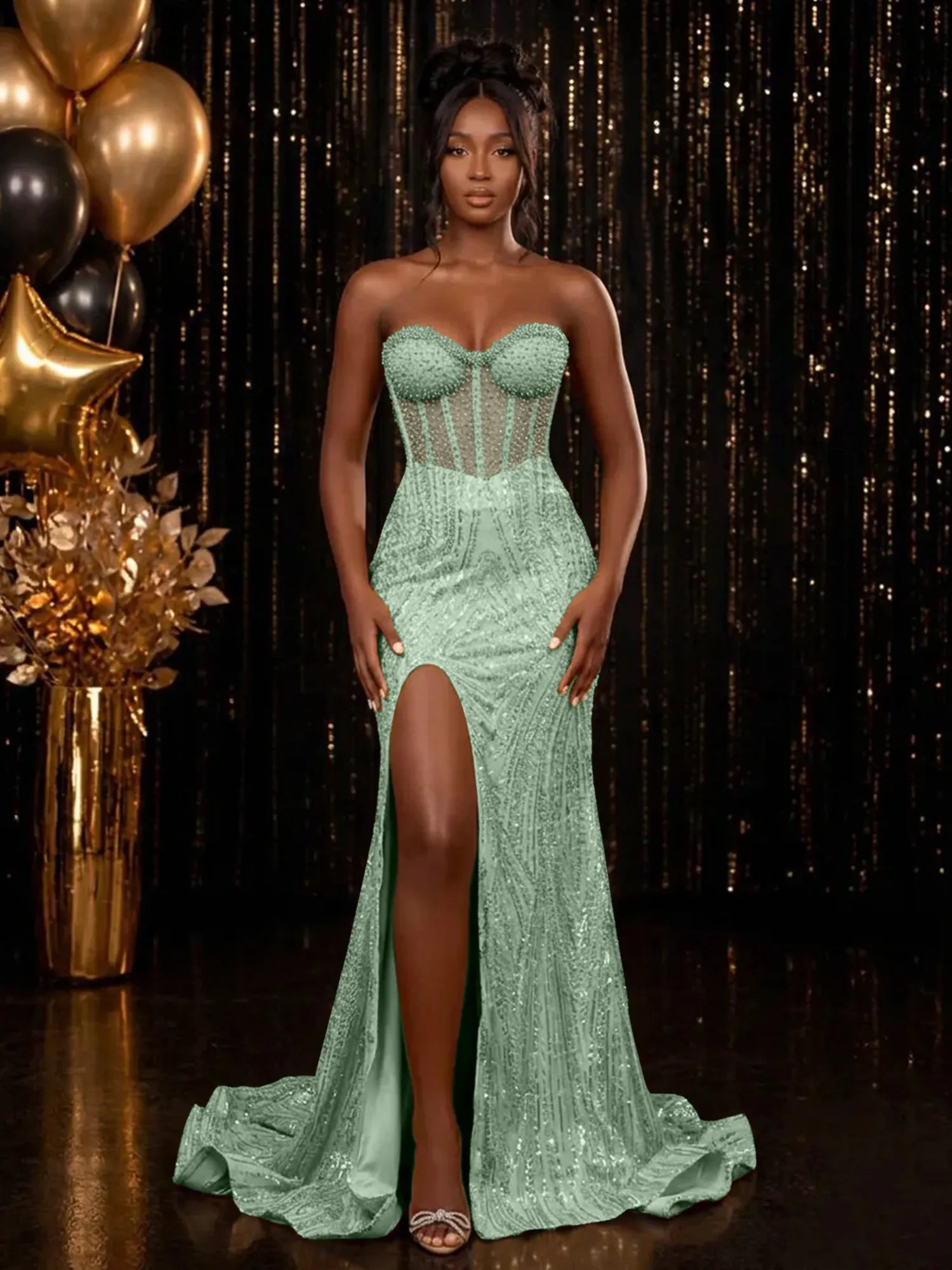 Strapless Sequin-Embellished Mermaid Prom Dress