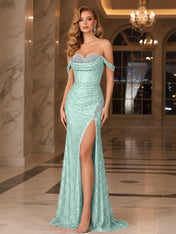 Dark Red Crystal Off-the-Shoulder Corset Prom Dress with Slit