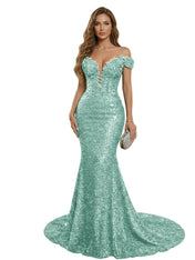 Sparkly Off The Shoulder Sequin Long Mermaid Corset Prom Dresses