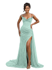 Gold Strapless Beading-Embellished Corset Prom Dress with Slit