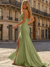 Yellow Beaded Halter Corset Prom Dress with High Slit