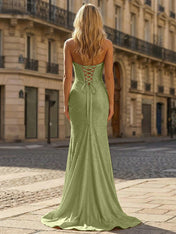 Yellow Beaded Halter Corset Prom Dress with High Slit