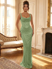 Sparkly Blue Shimmer Cowl Neck Corset Prom Dress