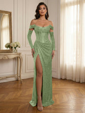 Silver Sequin Off-the-Shoulder Long Sleeves Corset Prom Dress with Slit