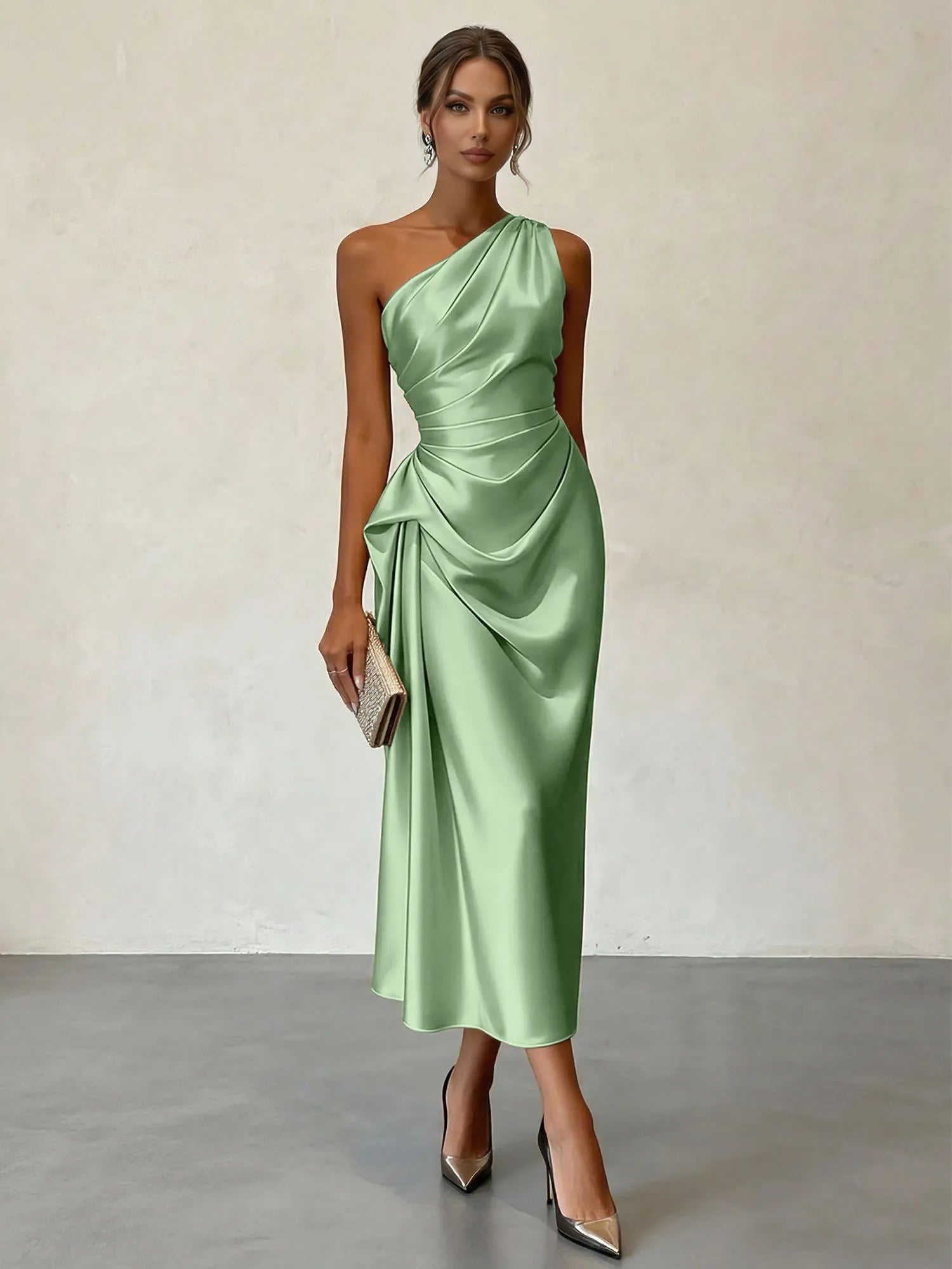 Champagne Ruched Satin One Shoulder Sleeveless Sheath Midi Dress
