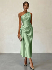 Champagne Ruched Satin One Shoulder Sleeveless Sheath Midi Dress