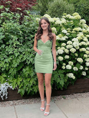 Blue V-neck Beaded Back Tie Short Homecoming Mini Dress