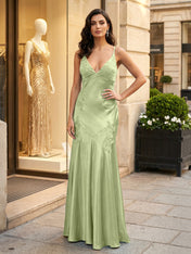 Green Appliques Soft Satin Long Prom Party Dress
