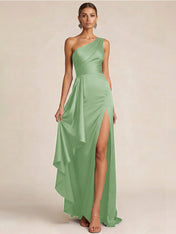 Sleek Foraml Evening Gown Midnight Navy One-Shoulder Satin Slit Maxi Dress