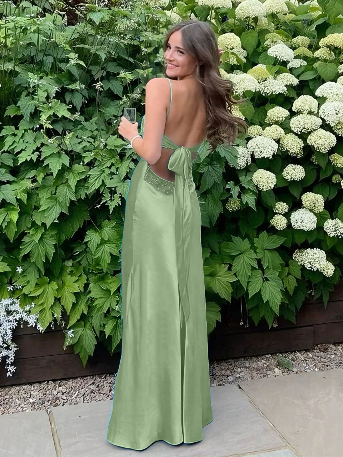 Blue A Line V-neck Beaded Back Tie Long Prom Dress